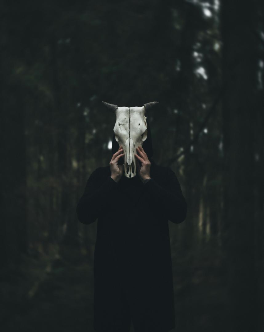 Figure with horned skull in woods - Mikita Karasiou